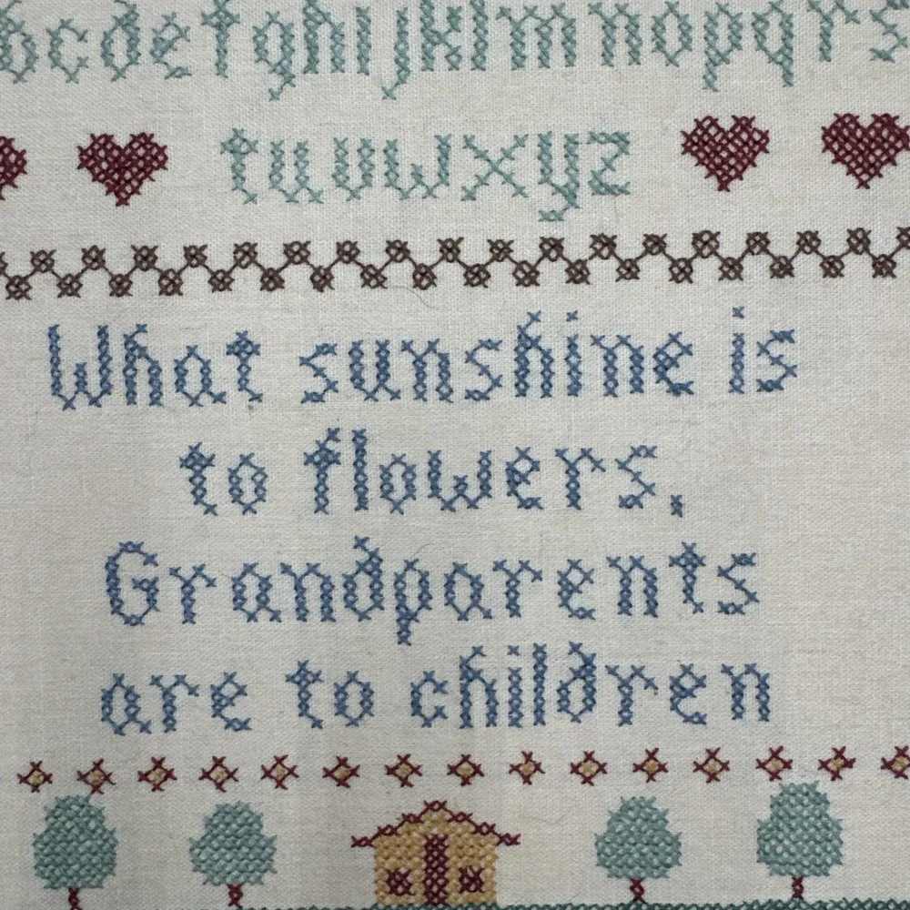 Vintage Wood Framed ALPHABET SAMPLER 16.5x20.5 Cross Stitch Embroidery Family